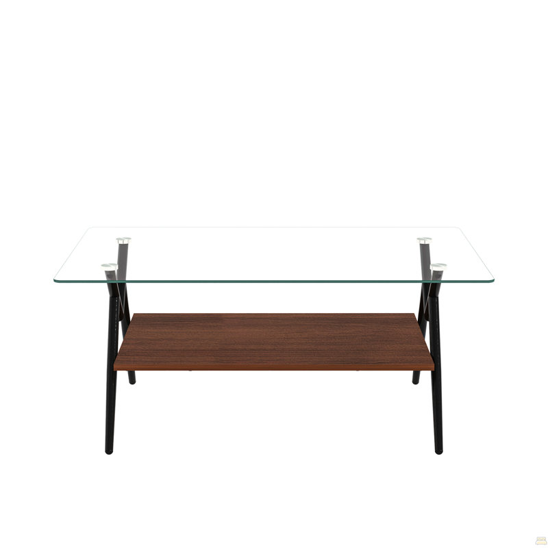 Rectangle Coffee Table With Tempered Glass Top And Black Metal Legs, Modern Table, Clear, Black