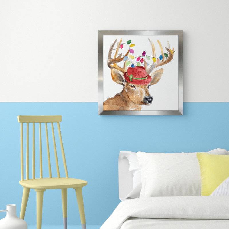 «Christmas Light Reindeer Hat», reproduction de peinture à l'aquarelle, H 37,5 po x l 37,5 po x P 1 po, Encadrement argenté