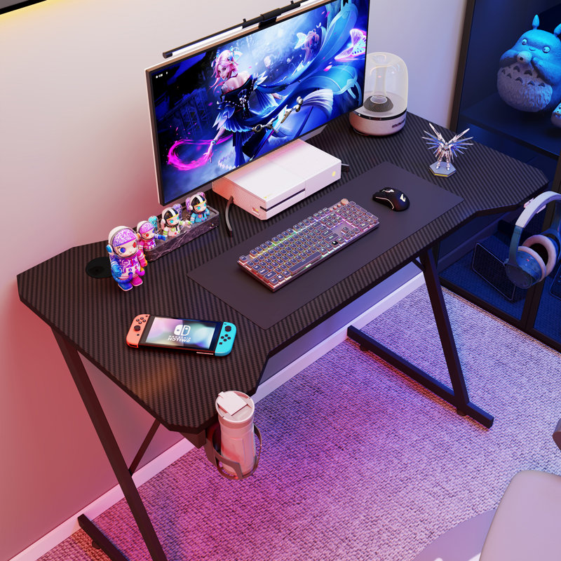 Gaming Desk Carbon Fibre Finish Black Cup Holder, Headphone Hook & Cup Holder, 75cm H x 80cm W x 60cm D