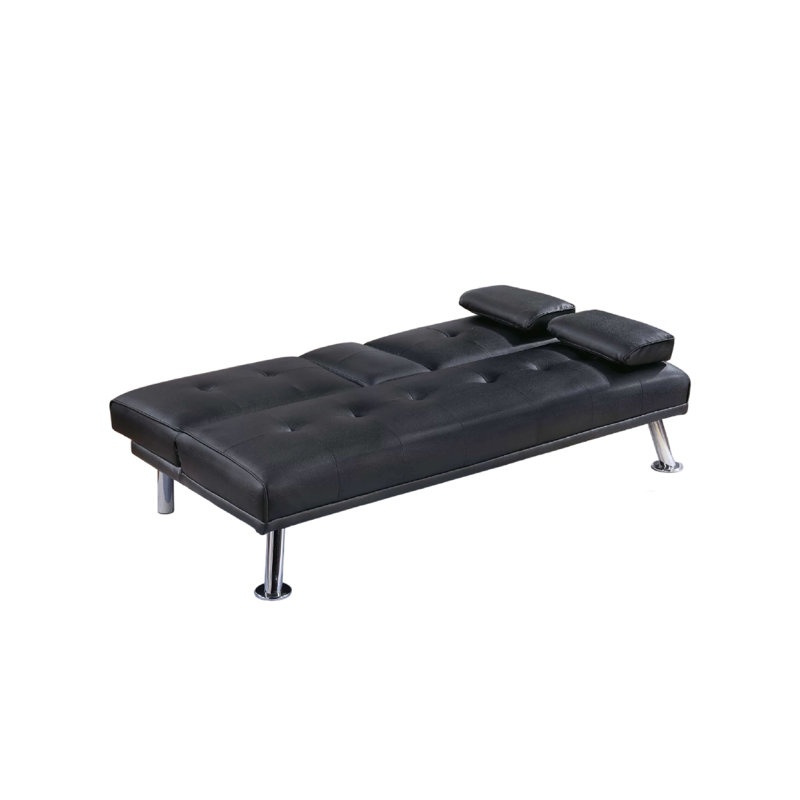 Gary Convertible Sofa With Fold-Down Table, Metal, Black Faux Leather, Black