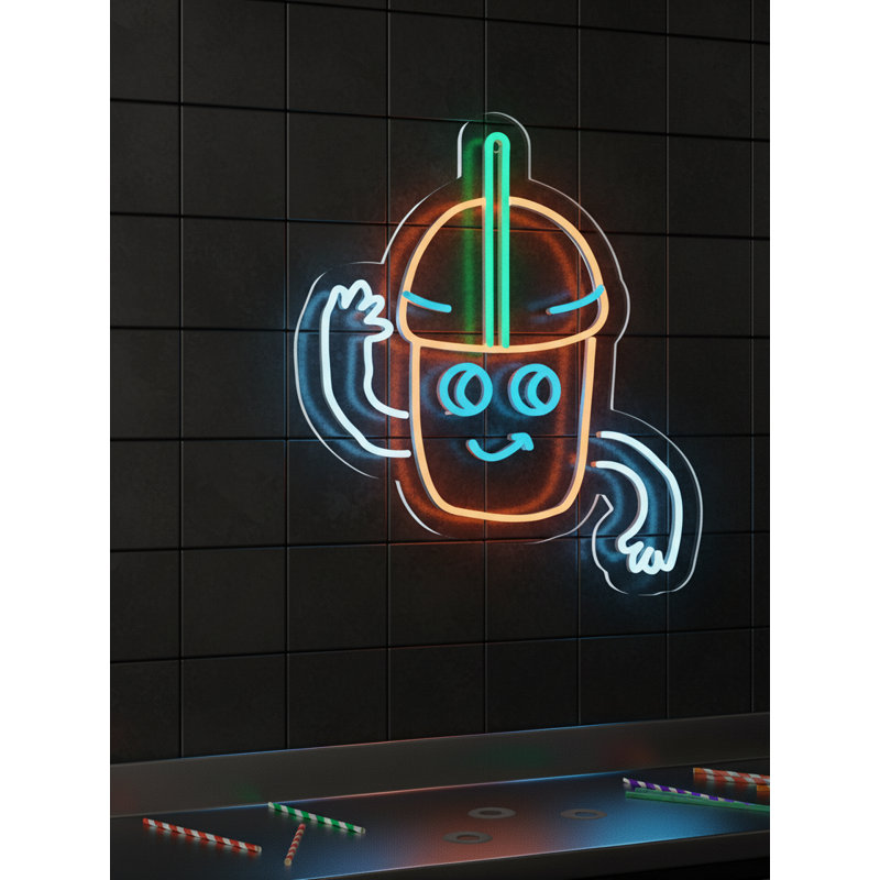  | Enseigne néon de boisson souriant | Fabriqué avec un tube néon flexible durable pour un éclairage lumineux et uniforme et une lueur durable sans scintillement ni dommages | 20 x 17 | Orange, vert, bleu