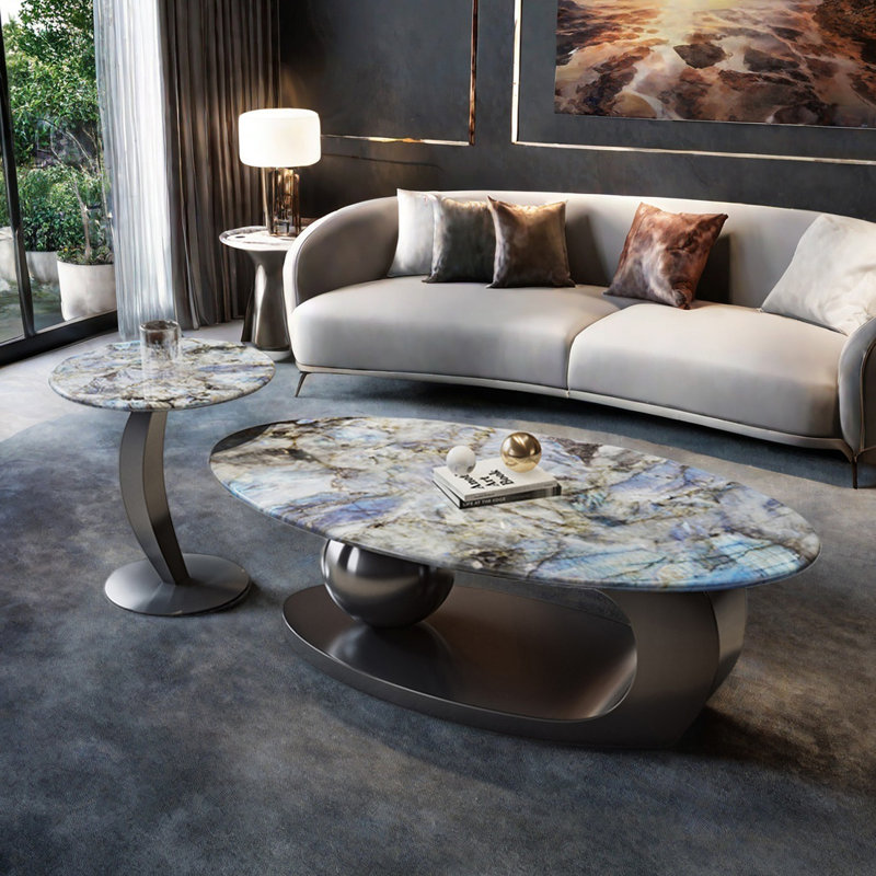 Microcrystalline stone oval coffee table, 16.5" H x 47.2" L x 23.6" W