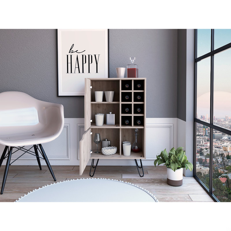 Armoire à porte simple en L, support à vin intégré, quatre pieds