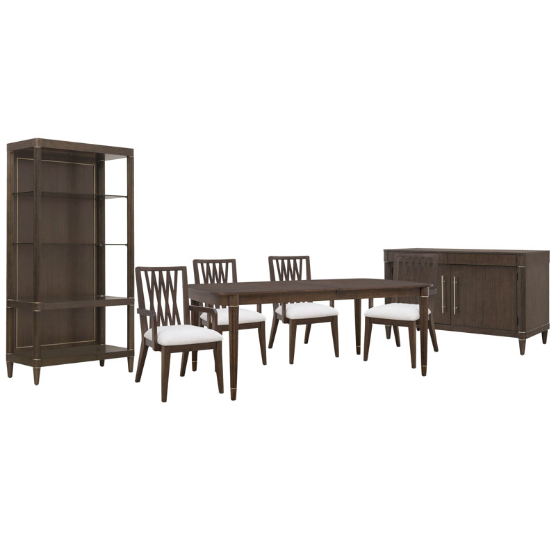 Table de salle à manger à pieds avec 4 fauteuils à dossier en bois et étagère, 7 pièces: table, 4 chaises, desserte, étagère