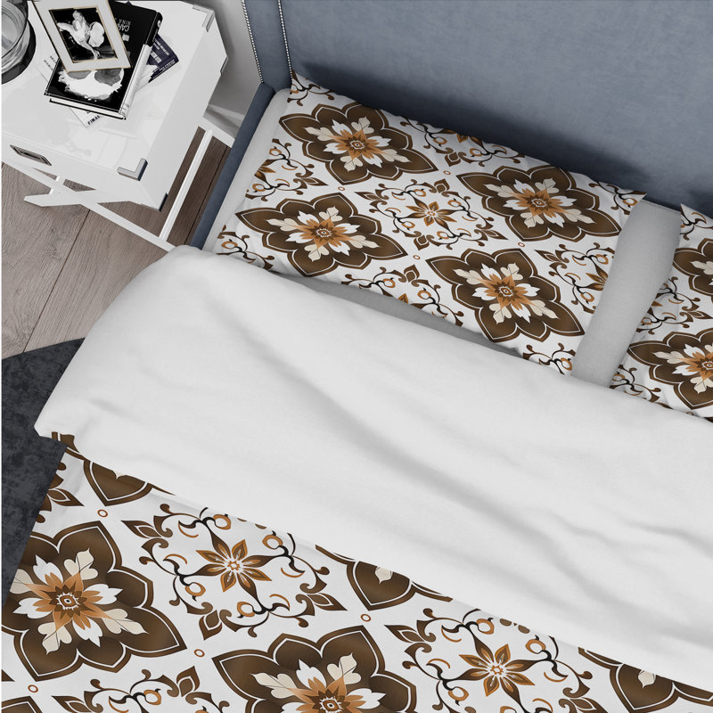 Ensemble de housse de couette moderne brun et beige à motif quadrilobe II, Housse de couette pour grand lit et 2 taies décor