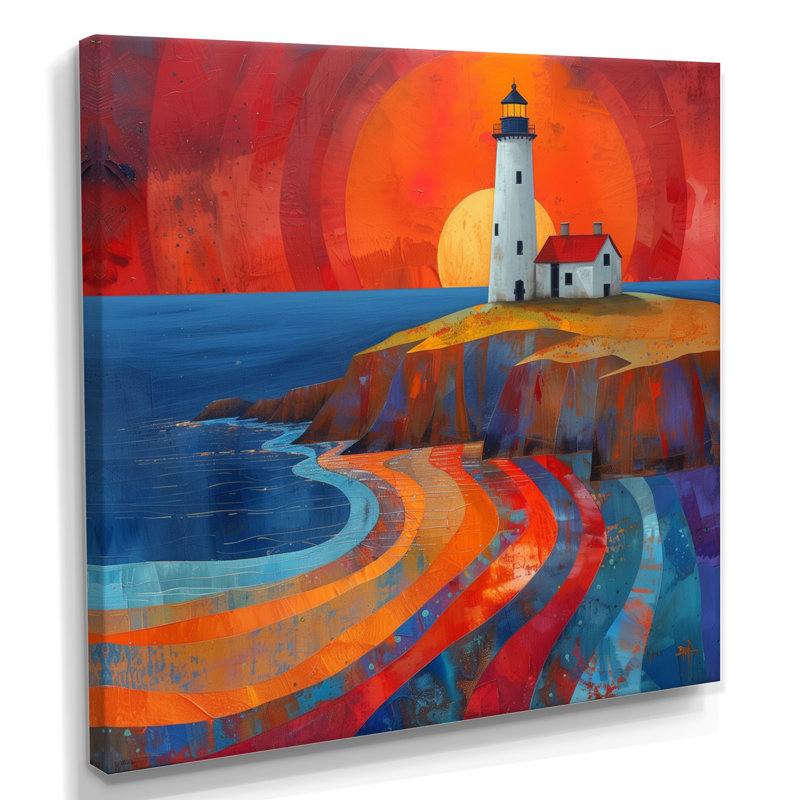 Reproduction d'art mural orange, phare côtier bleu, coucher de soleil I, Toile tendue, H 30 po x l 30 po x P 1 po