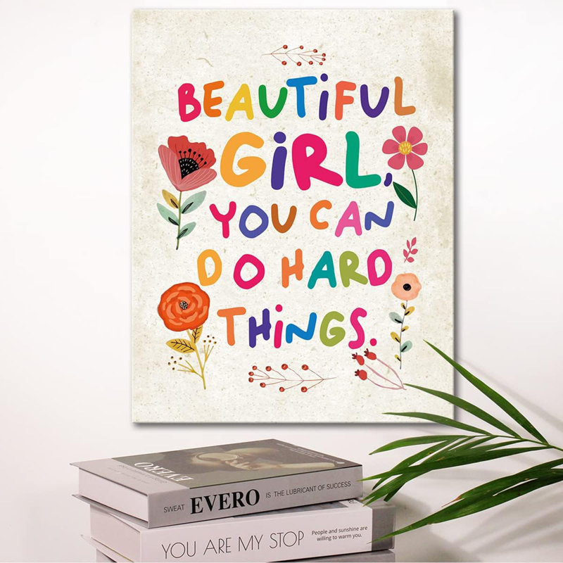 Beautiful Girl You Can Do Hard Things Wall Art,Inspirational Quotes Canvas Framed Artwork For Girls Room,Teen Girl Bedroom Girls Room Wall Decor