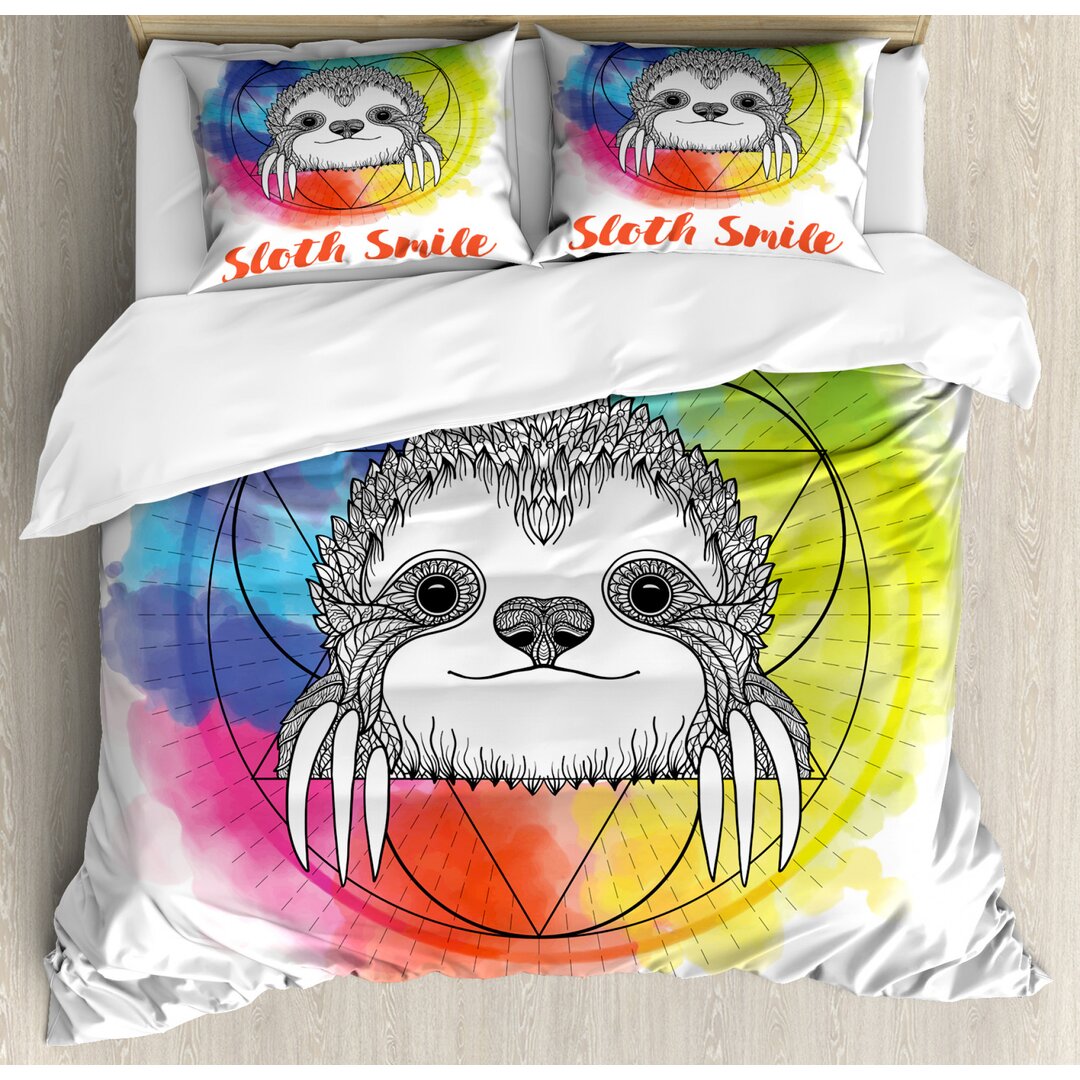 Bettbezug Set, Regenbogen Sloth Sketch, Tier, Mehrfarbig