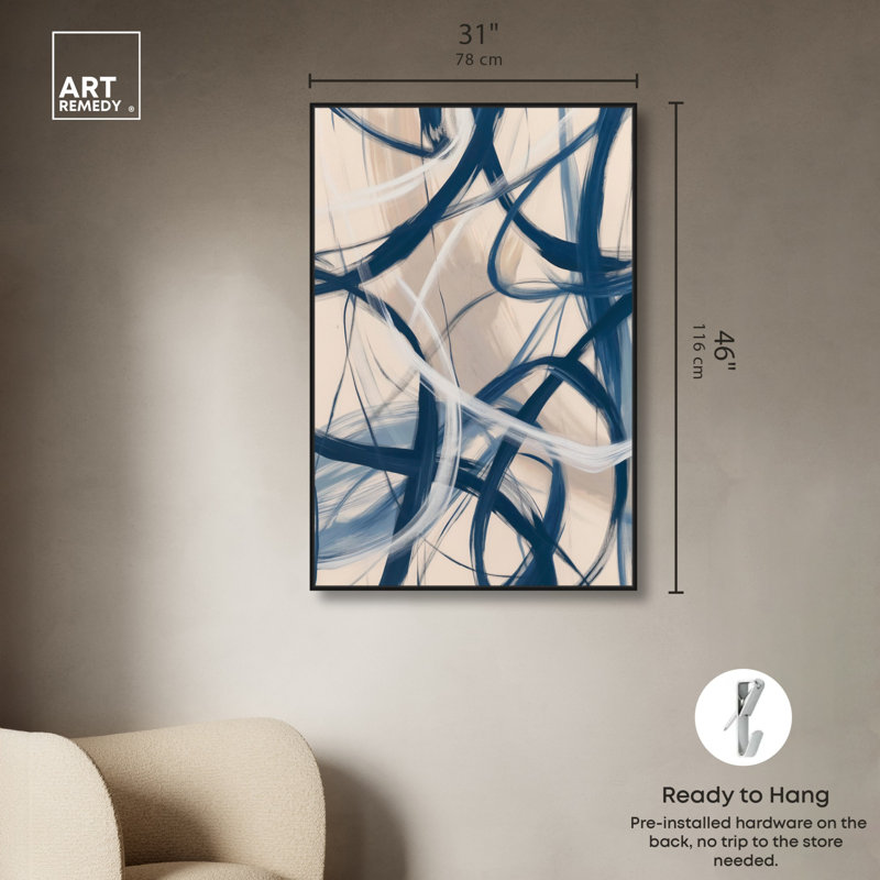 «Blue Orbits Canvas Indigo», art abstrait par Art Remedy, H 46 po x l 31 po, Cadre noir