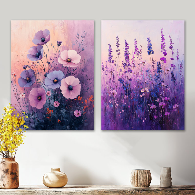 «Wildflower Dreams in Violet surrealism I», ensemble de 2 reproductions d'art mural en métal, 32" H x 48" W