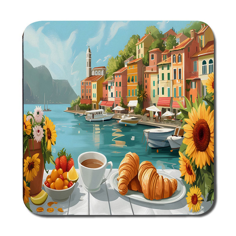 Mediterranean Harbor Village Placemats Coasters Set With Croissants And Coffee
