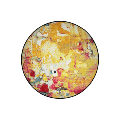 Yellow Themed Abstract Patterned Round Woven Base Modern Decorative Carpet