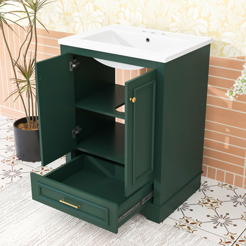 Meuble-lavabo à tiroir avec lavabo en céramique, tablettes réglables et armoire à fermeture en douceur, Vert, Doré