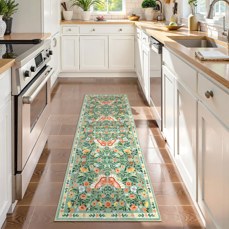 Farmhouse Floral Machine Washable Rug with Non Slip TPR Backing Soft Thin Foldable Mat Botanical Butterfly Printed Carpet Low Pile Non Shedding Carpet