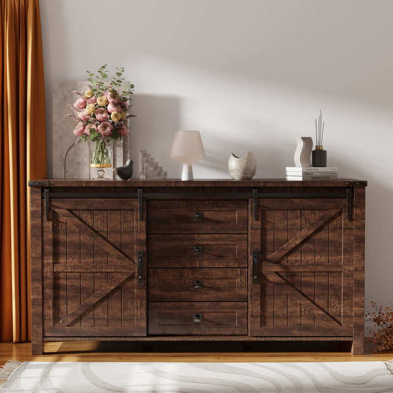 60'' Farmhouse Dresser Chests with 4 Drawers and 2 Cabinets, Brown