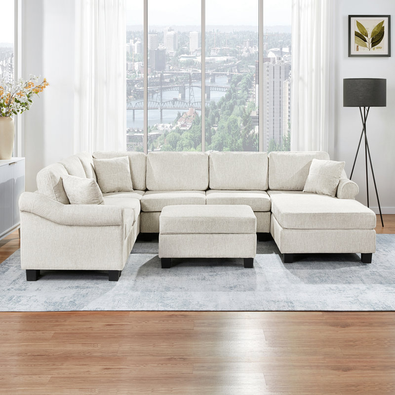 Canapé modulaire en U avec repose-pieds de rangement mobile, White Chenille