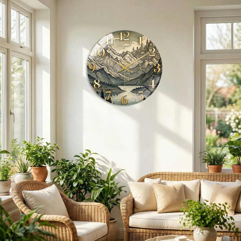 «Mountain Castle», horloge murale en verre, 60 x 60 cm (23,6 x 23,6 pouces)