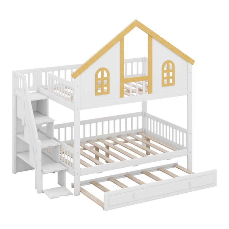 Lit superposé House avec escalier et lit gigogne, structure de lit superposé en bois massif avec rangement, Double