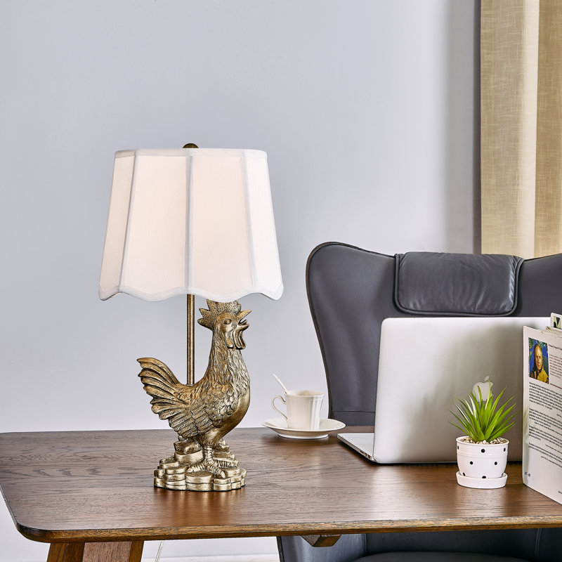 Lampe de table coq 23 po en résine dorée avec abat-jour en soie, Blanc, Doré