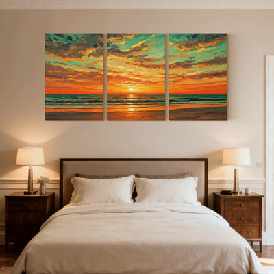 Nautique et plage, coucher de soleil, ciel, vagues de l'océan, horizon, couleurs, ensemble de 3 impressions sur toile