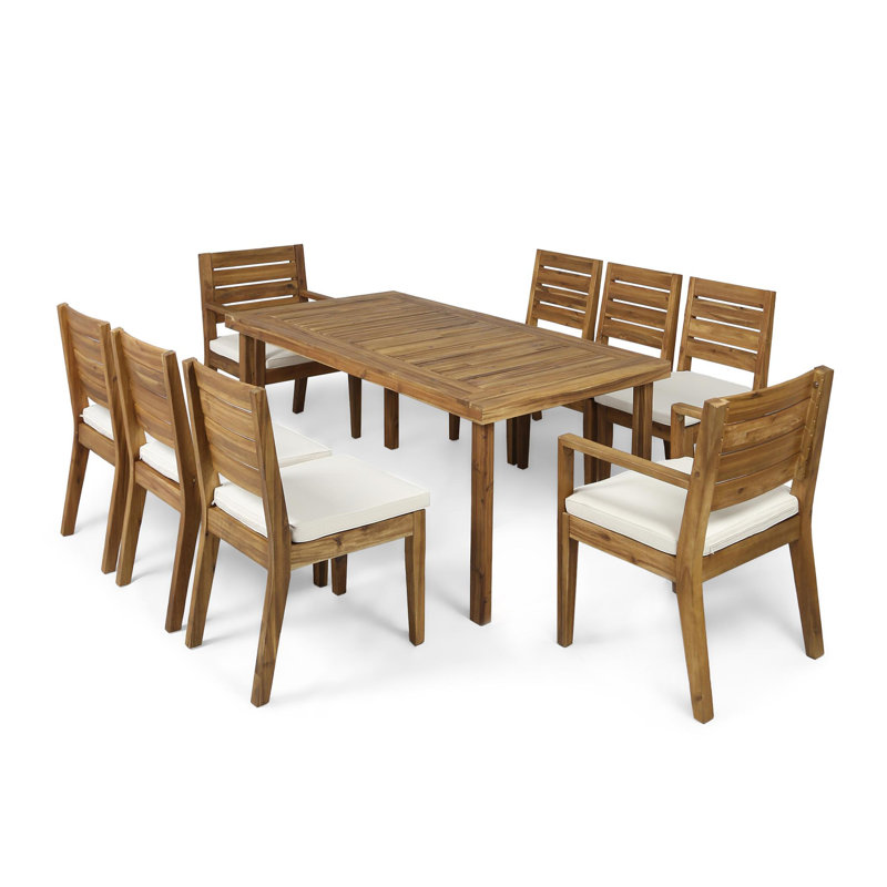 Ajoloko 8 - Person Acacia Patio Dining Set with Rectangular Table, Natural Frame / Beige Cushion