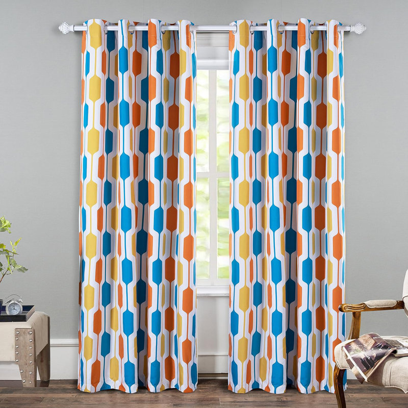 Ginder Room Darkening Thermal Window Curtains with Grommets and a Geometric Pattern, Blue/Yellow/Red, 52" W x 90" L