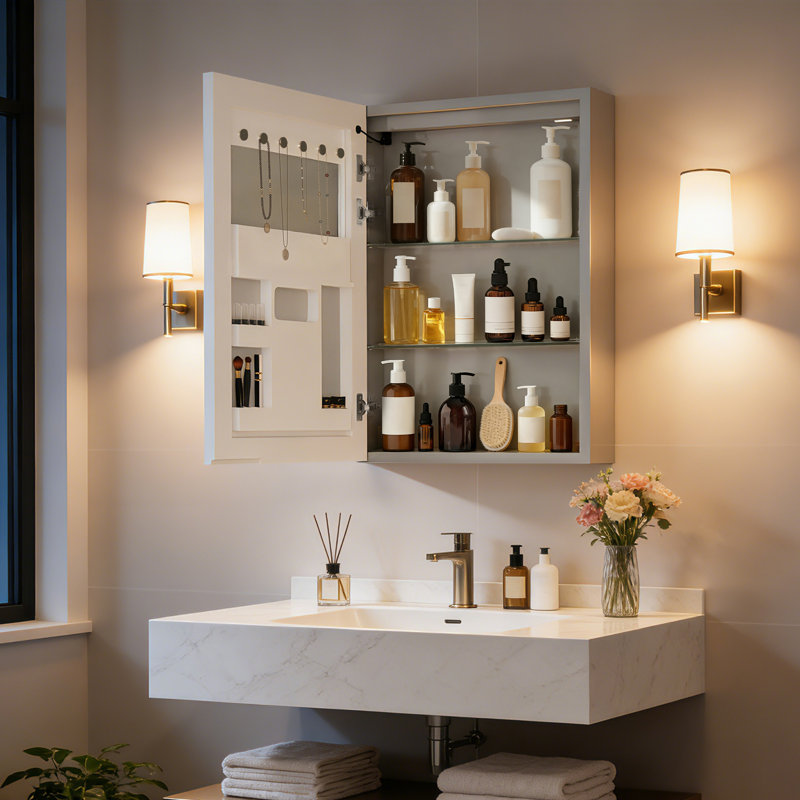 Surface Frameless LED Davaughn Mirror With 2 Adjustable Shelf & Bluetooth Speaker, 70cm H x 50cm W x 14.3cm D