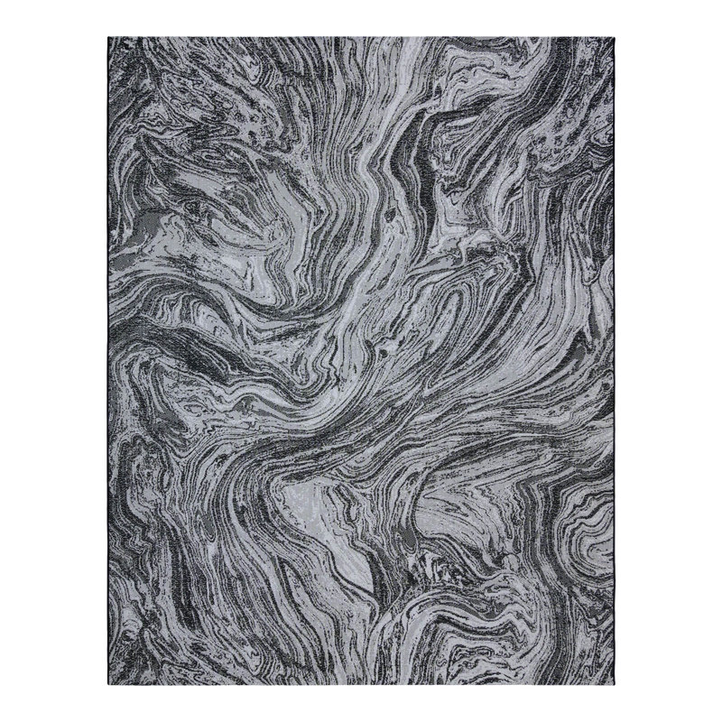 Tapis intérieur / extérieur tissé à plat en marbre noir / blanc Angeline Casal, Rectangle 8 pi 9 po x 13 pi
