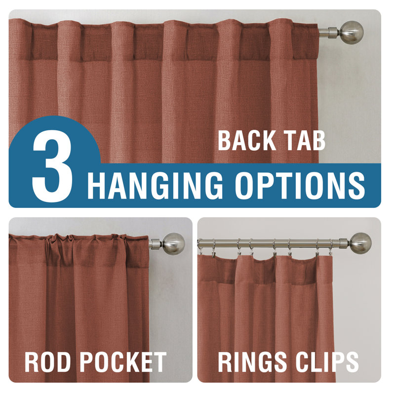 Linen Curtains for Living Room 2 Panels Back Tab Loop Pocket Textured Light Filtering Semi Sheer Rustic Farmhouse Boho Curtain for Bedroom , Rust