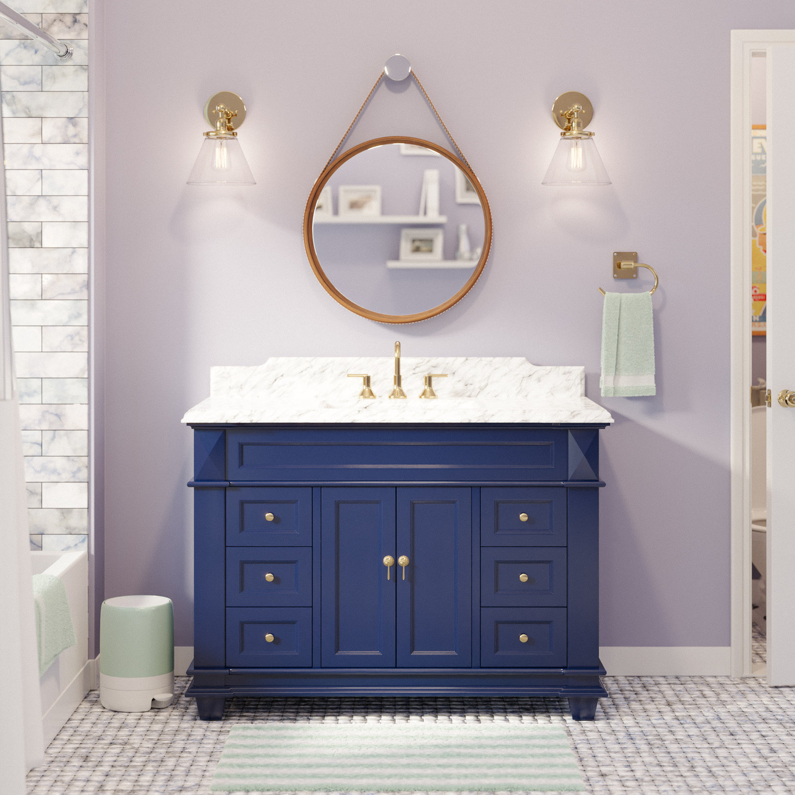 Ensa 48'' Single Bathroom Vanity, Carrara Marble, Royal Blue