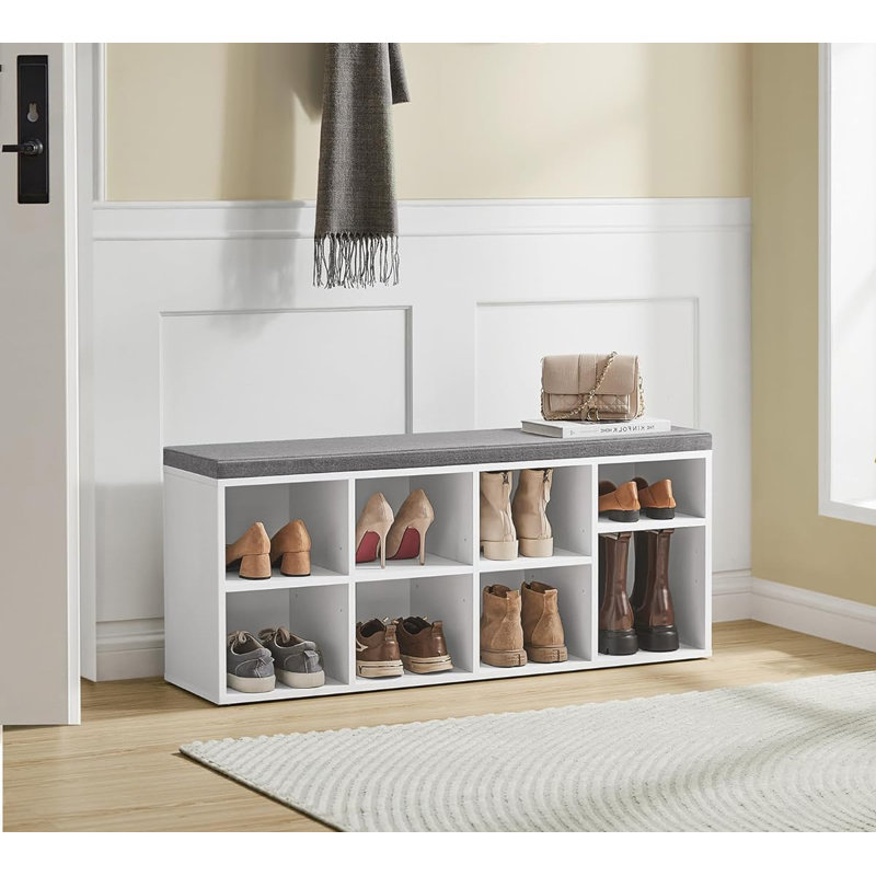 Shoe Storage Padded Seat Bench with 8 Compartments and 4 Adjustable Shelves, White