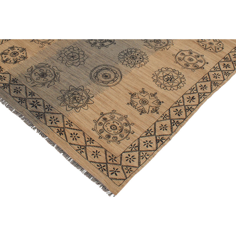 Tapis beige / noir en laine noué à la main à motif sud-ouest de style cépage Cedor