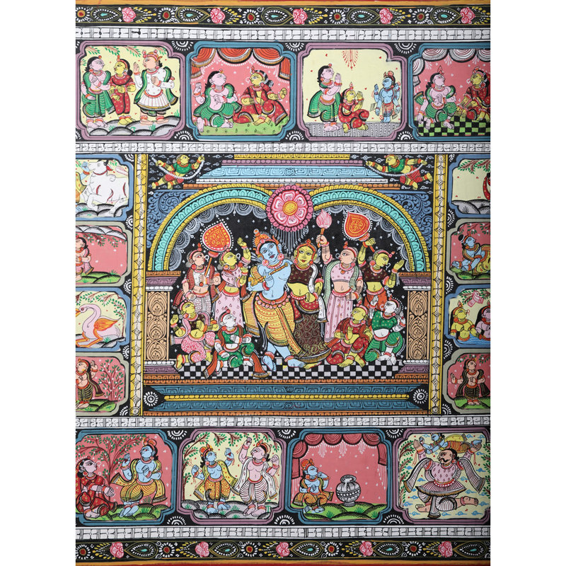 Krishna Leela Pattachitra, peinture sur toile, décoration murale Odisha Folk Art 24 x 40 po par Purna Chandra