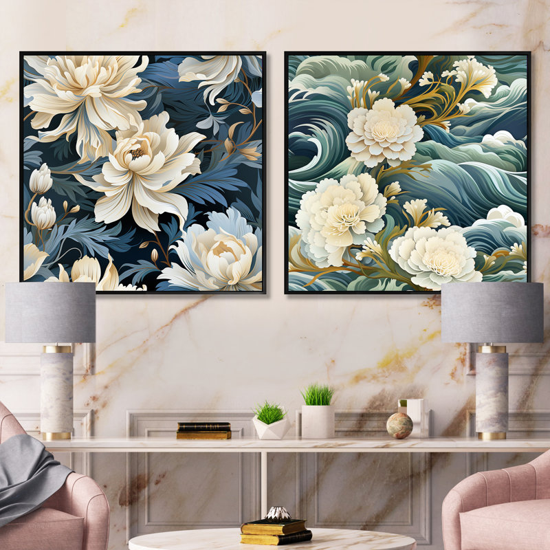 Ensemble de 2 collages carrés floraux blanc et bleu Zen Tranquility III, Cadre flottant noir, H 30 po x l 61 po
