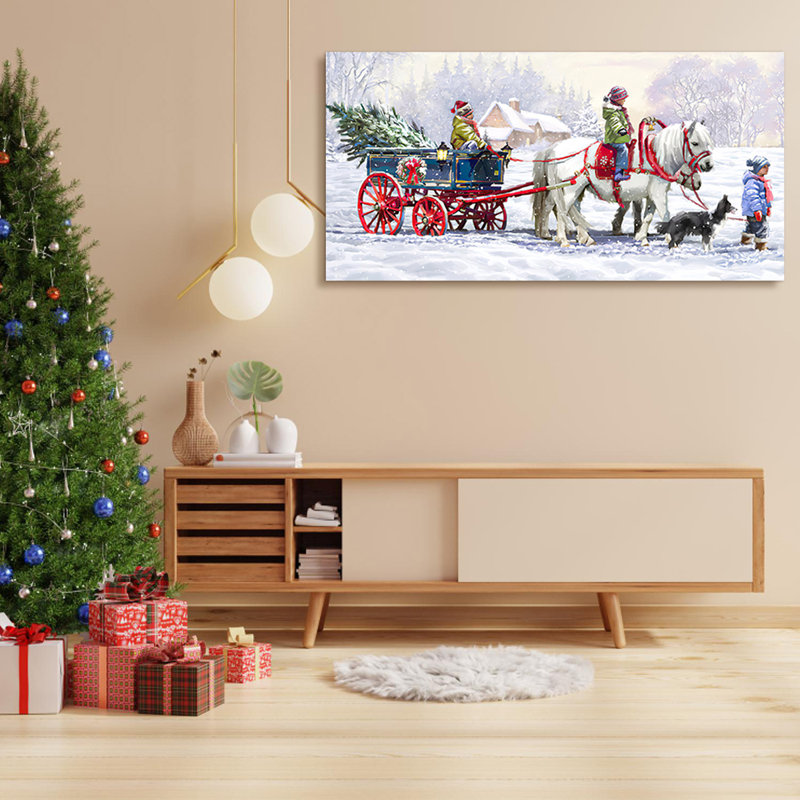 Père Noël sur traîneau avec rennes sur toile, H 24 po x l 48 po x P 2 po