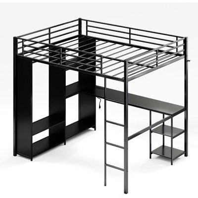 Space-Saving Queen Metal Loft Bed with L-Shaped Desk, Wardrobe, Storage Shelves