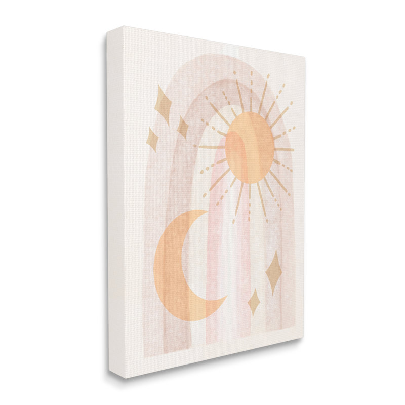 Délicat motif astral de lune et de soleil par Daphne Polselli - Peinture, Toile tendue, H 20 po x l 16 po x P 1,5 po