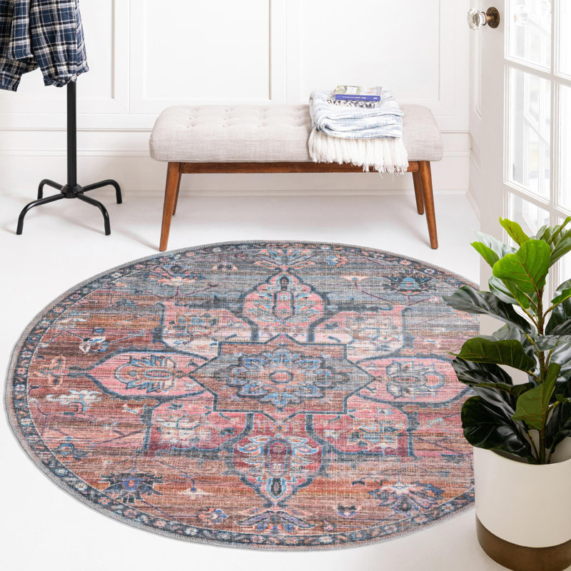 Tapis oriental rose / bleu Gwin, Rond 7 pi 10 po