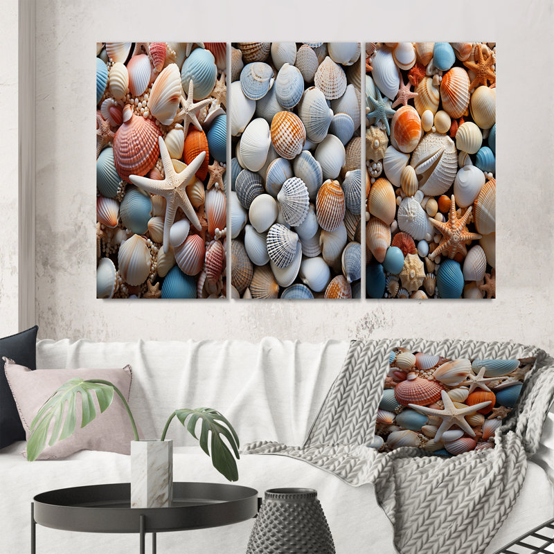 «Beach Photo Seashell Symphony VII», 3 pièces sur toile, H 32 po x l 48 po, Toile tendue