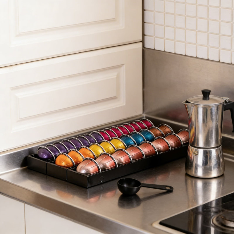 Organisateur de tiroirs Flagship Vertuo avec système de connexion magnétique, support de capsule en métal universel pour machines Nespresso Vertuoline, solution de rangement de comptoir peu encombrante