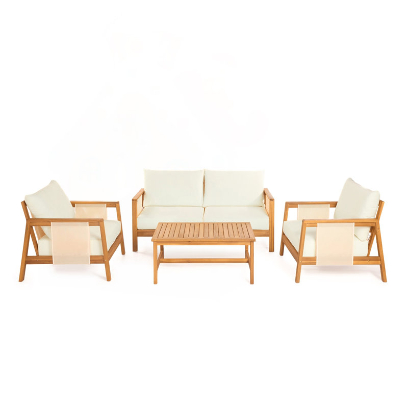 Ensemble de canapé d'extérieur 4 pièces avec causeuse, chaises et table basse avec structure en bois d'acacia teck
