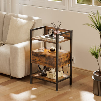 Night Stand With Charging Station, LED Nightstand With Storage Shelf & Wooden Drawer, 3-Tier Bedside Table For Bedroom, End Table Living Room, Small S by Ebern Designs