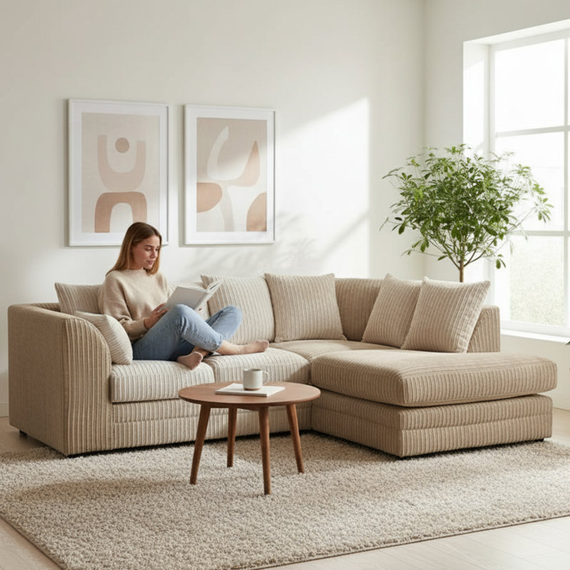Jumbo Cord Upholstered Corner Sofa Small Back Cushion with Foot Stool , Beige, Right Hand Facing