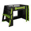 Lit mezzanine double en bois pleine grandeur avec bureau, tablettes multiples et luminaire RVB-420713902