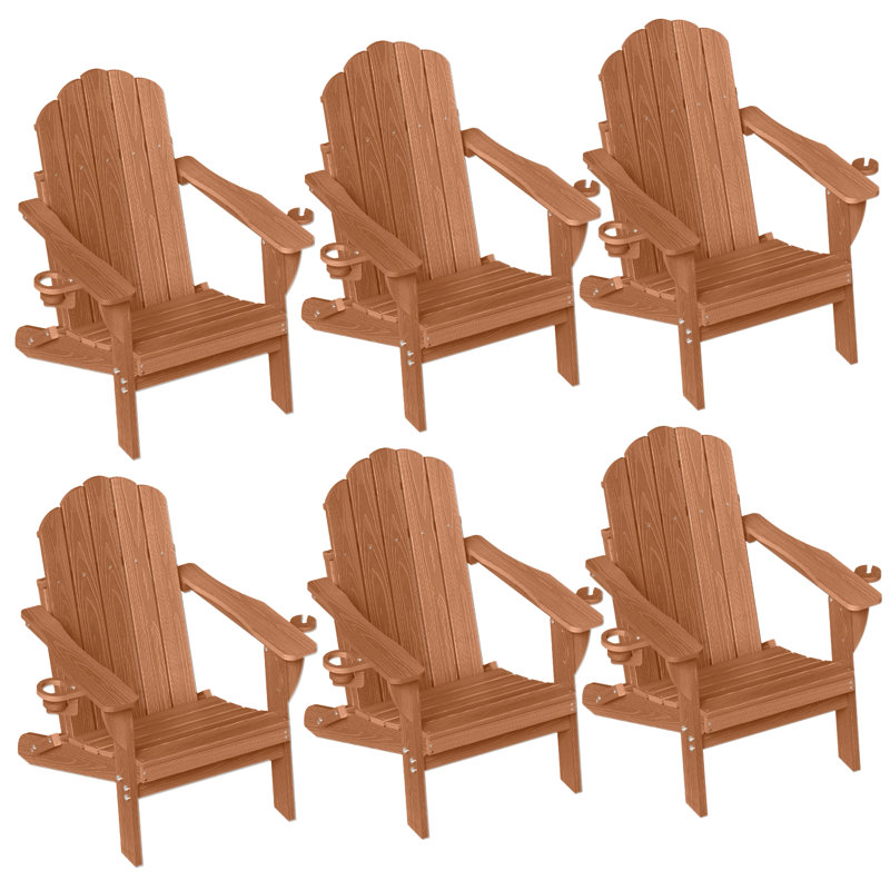 HDPE Adirondack Foldable Chair Wood Texture With Cup Holder(Set Of 6), Teak