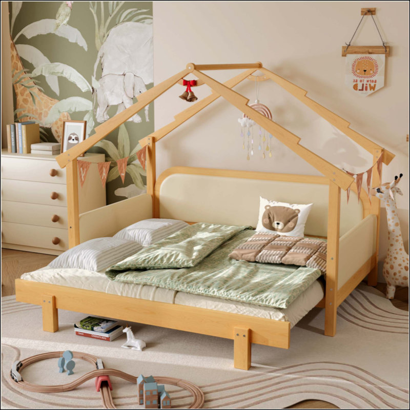 Wood Treehouse Bed With Soft Cushion Rails,For Kids, Teens, Girls, Boys, White