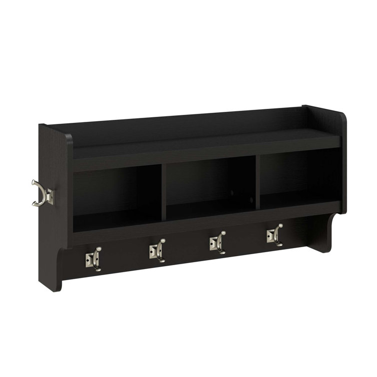 Relaxdays Wall Shelf with Hook Rail, Metal & Wood, Lattice Design, Coat  Rack with 6 Hooks, HWD: 17 x 36 x 13 cm, Black
