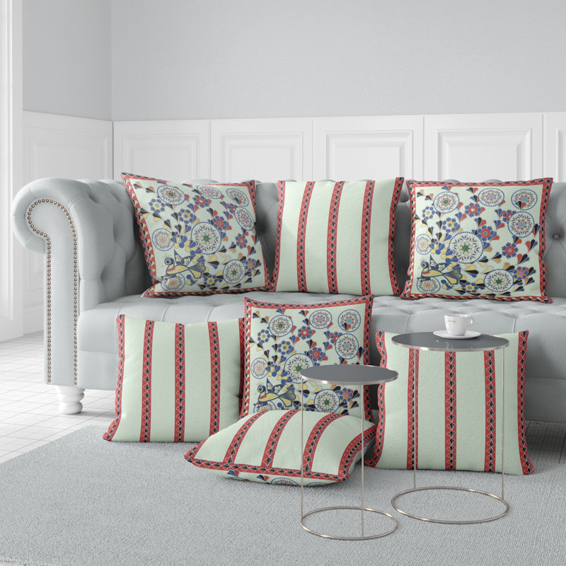 Leafy Peacock Circles Floral Outdoor Reversible Throw Pillow, 16" x 16"