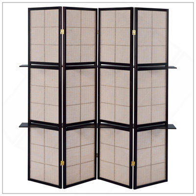 Paravent à 4 panneaux brun clair et cappuccino avec configurations polyvalentes et tablettes intégrées pour un rangement et une présentation améliorés