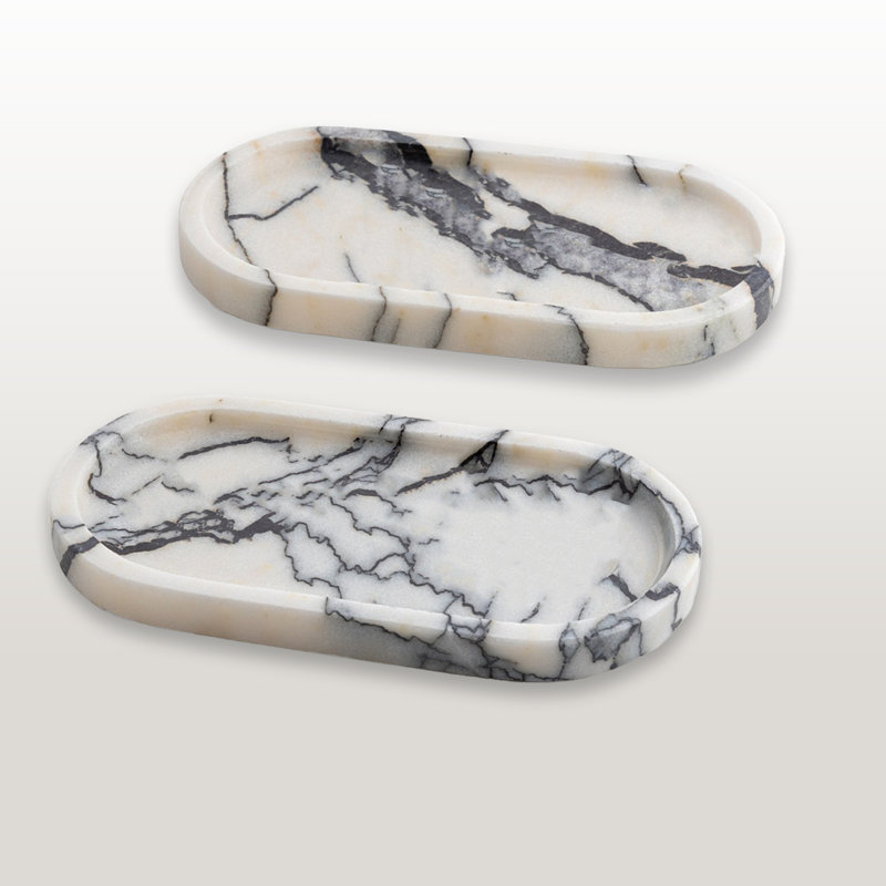 Ensemble de 2 plateaux de salle de bain ovales 100% marbre 2 pièces, Blanc